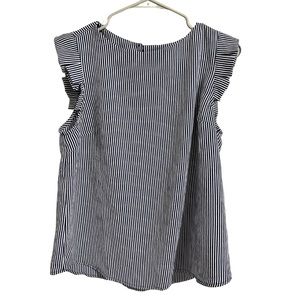 Monteau Navy & White Pinstripe Ruffle Sleeve Blouse